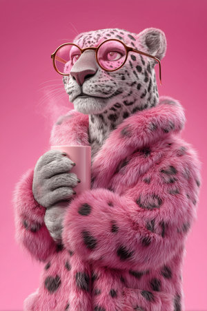 A leopard wearing glasses and a pink coat stands confidently, holding a pink cup. The background is a vibrant shade of pink, creating a fun and trendy atmosphere.の素材