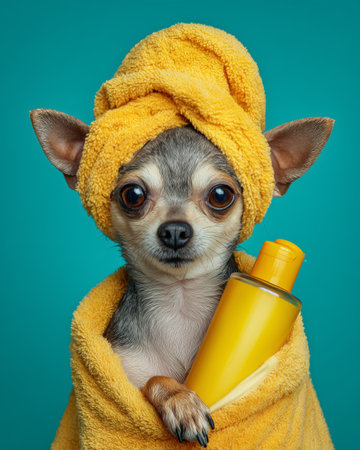 A small chihuahua with big eyes is cozy in a fluffy yellow towel. The dog holds a bottle of shampoo with its paw, showing a playful and funny moment in a colorful setting.の素材