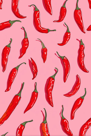 Bright red chili peppers are artistically arranged on a soft pink background, creating a lively contrast. This colorful scene adds energy and charm to any design or culinary concept.の素材