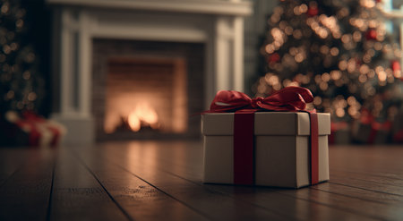 A wrapped gift with a red ribbon rests on the wooden floor beside a warm fireplace. A beautifully decorated Christmas tree is in the background, creating a festive atmosphere.の素材