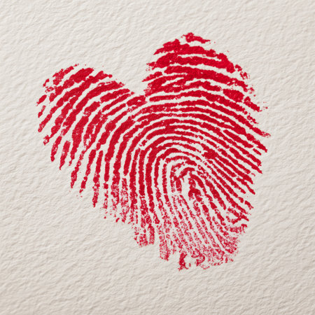 A bright red fingerprint forms a heart shape on light, textured paper, showing creativity and artistic expression. This artwork emphasizes love and individuality in a simple manner.の素材