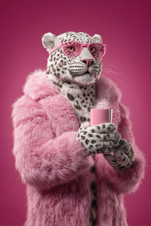 A stylish leopard wearing pink sunglasses and a fluffy pink coat holds a small cup. The bright pink background enhances the playful and fashionable vibe of the scene.の素材