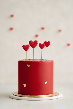A red cake with heart-shaped toppers stands elegantly on a white surface. The cake is adorned with small gold hearts, creating a festive and loving atmosphere.の素材