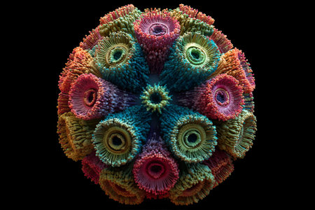 This artwork features a detailed 3D model of a virus, showing vibrant colors and textures.の素材