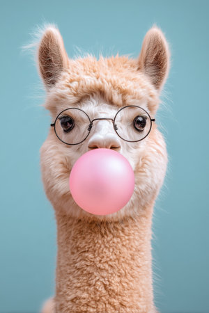 An alpaca with fluffy fur and round glasses sits against a soft blue backdrop, blowing a large pink bubble of gum, adding a playful touch to its charming appearance.の素材