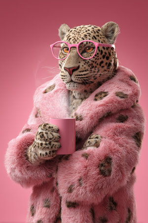 A leopard wearing glasses and a pink coat stands confidently, holding a pink cup. The background is a vibrant shade of pink, creating a fun and trendy atmosphere.の素材