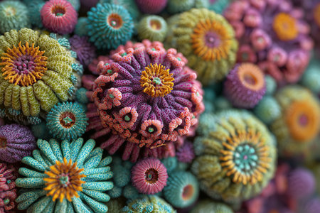 Various coral formations display bright colors and intricate structures in a lively underwater world. The textures and patterns create a stunning visual of ocean biodiversity.の素材