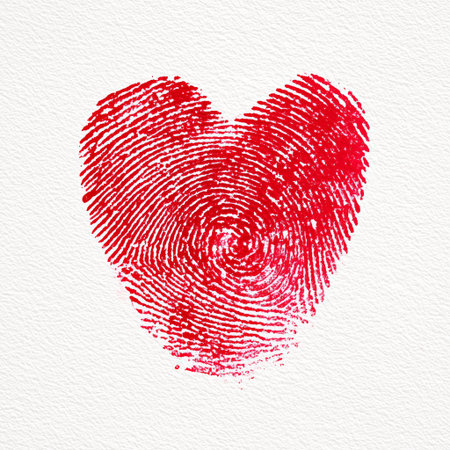 A unique fingerprint shaped like a heart is displayed in a bright red hue against a clean white backdrop. This design combines elements of love and identity artfully.の素材