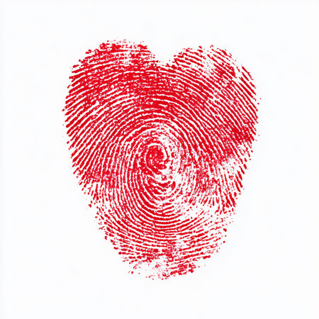 A unique fingerprint shaped like a heart is displayed in a bright red hue against a clean white backdrop. This design combines elements of love and identity artfully.の素材