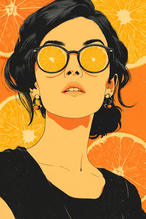 A stylish woman poses with orange slices mirrored in her sunglasses. The bright colors of her outfit complement the lively orange backdrop, enhancing the fresh summer vibe.の素材