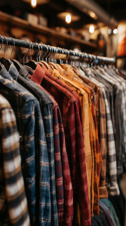 Rows of flannel shirts in various colors and patterns hang on display in a warm, inviting shop, illuminated by soft light, creating a comfortable shopping atmosphere.の素材