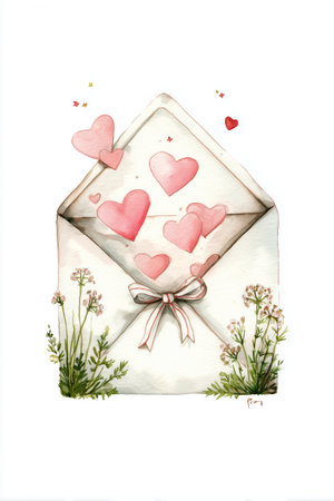 A beautiful envelope is adorned with pink hearts, sending a message of love. Surrounding it are delicate flowers, creating a cheerful and romantic atmosphere.の素材