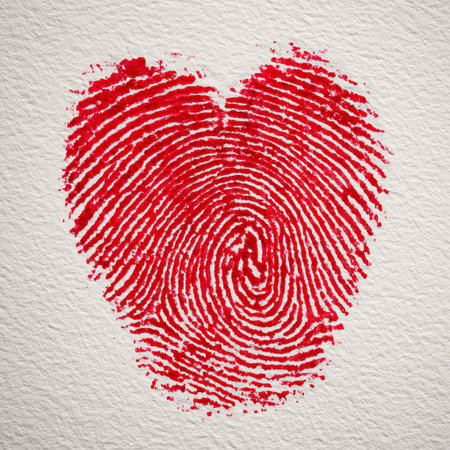 A bright red fingerprint forms a heart shape on light, textured paper, showing creativity and artistic expression. This artwork emphasizes love and individuality in a simple manner.の素材