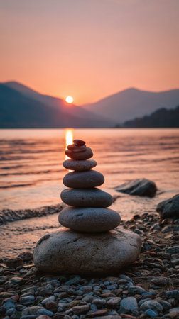 A stack of smooth stones balances on a larger stone by the waters edge as the sun sets behind distant mountains, casting a warm glow across the lakes surface.の素材