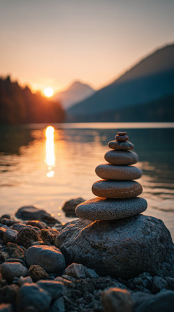 A stack of smooth stones balances on a larger stone by the waters edge as the sun sets behind distant mountains, casting a warm glow across the lakes surface.の素材