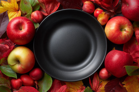 Bright red apples are arranged around a black plate, complemented by colorful autumn leaves, berries, and grapes, creating a vibrant seasonal display.の素材