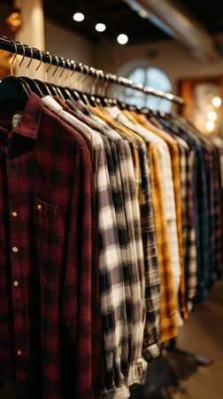 A variety of flannel shirts in different colors hang on racks in a warmly lit clothing store. Soft fabrics and patterns create a cozy shopping environment for customers.の素材
