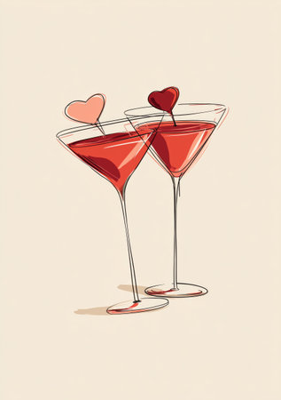 Two elegant red cocktails with heart-shaped garnishes sit side by side on a soft light backdrop, creating a romantic and inviting atmosphere perfect for celebrations.の素材