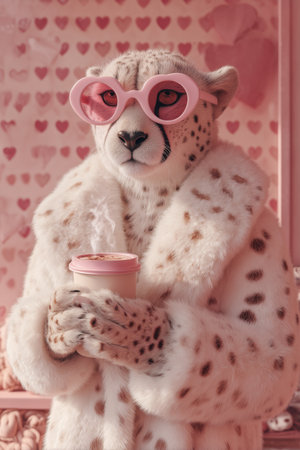A stylish cheetah wearing pink glasses and a fluffy outfit holds a coffee cup. The setting features heart decorations, creating a warm, inviting atmosphere.の素材