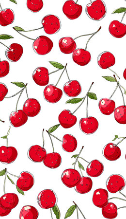 A vibrant pattern of red cherries with green leaves scattered against a white background. The design is playful and fresh, perfect for summer themes or kitchen decor.の素材