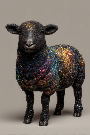 A black sheep covered in vibrant glitter stands in a studio. The glitter creates a colorful effect, showcasing the animals unique appearance and charming features.の素材