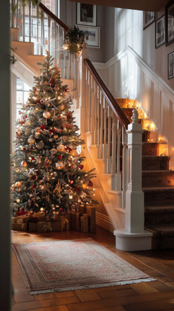 A beautifully decorated Christmas tree stands in a well-lit home entrance. The warm glow of lights and festive decor creates a cozy atmosphere during winter.の素材