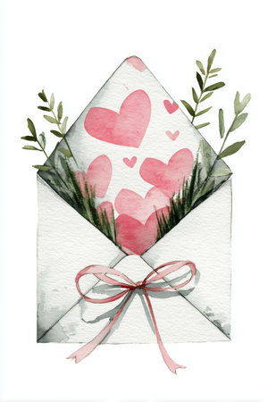 An envelope is open with pink hearts and green leaves spilling out, creating a charming scene that represents love and affection. It features a delicate ribbon tying it together.の素材
