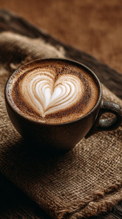A close-up of a dark coffee cup featuring heart-shaped latte art sits on a textured surface. The warm tones create a comforting atmosphere perfect for enjoying a warm beverage.の素材