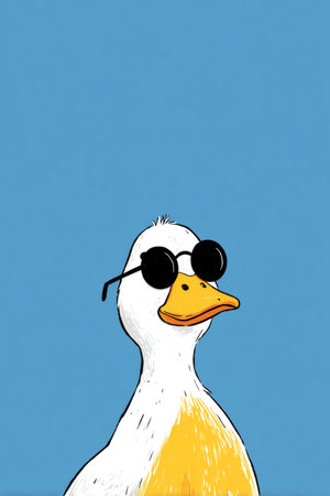 A duck stands confidently with stylish sunglasses on. The bright blue sky and soft clouds create a cheerful backdrop. The duck shows off its unique look in a relaxed and fun manner.の素材