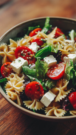 Bright green lettuce and juicy tomatoes mix with bowtie pasta and creamy feta cheese in a bowl, creating a colorful, healthy salad perfect for lunch or dinner.の素材