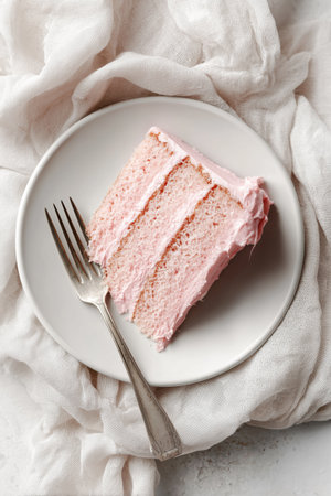 A slice of fluffy cake with pale pink frosting sits on a round plate. A silver fork is next to the cake, inviting dessert lovers to enjoy a sweet treat.の素材