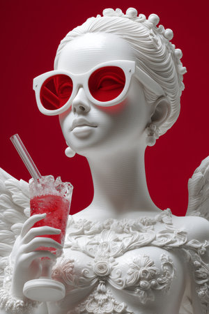 A detailed sculpture of a girl holding a refreshing drink, wearing stylish sunglasses, stands out against a vibrant red backdrop, showing casing intricate designs on her attire.の素材