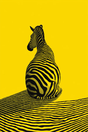 A zebra sits quietly with its back turned, showcasing its bold black and white stripes against a vivid yellow backdrop, creating an eye-catching visual display.の素材