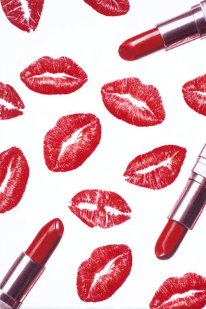 Two vibrant red lipsticks sit among various kiss marks on a white background, showing a fun and playful beauty theme ideal for makeup lovers and product displays.の素材