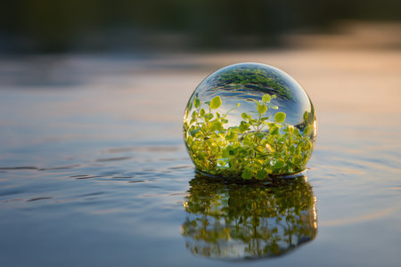 A clear glass orb sits in calm water, reflecting vibrant green plants inside. The soft light of sunset creates a serene atmosphere, highlighting natures beauty.の素材
