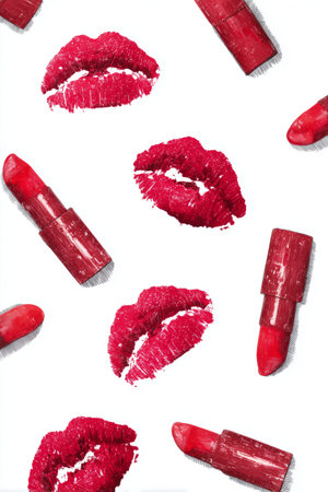 Red lipsticks and kiss marks form a lively arrangement on a white surface, showing the fun and allure of makeup. The bright colors enhance the visual appeal of this beauty theme.の素材