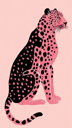 This artwork features a leopard designed with striking black spots on a pink body, sitting gracefully against a soft pink backdrop, showing vibrant and modern art style.の素材