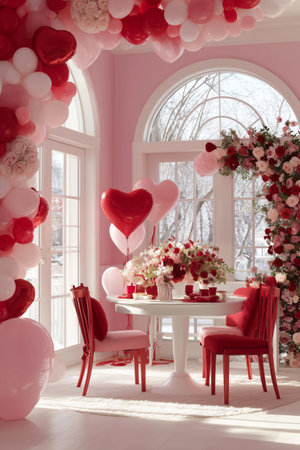 A cozy room features a round table with flowers, candles, and red chairs. Balloons in pink and red fill the space, creating a romantic atmosphere for Valentines Day.の素材