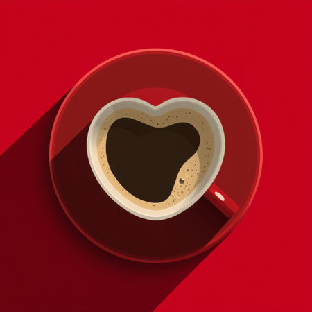 A cozy cup of coffee sits on a bright red surface, featuring a beautiful heart design made from creamy foam. The scene radiates warmth and comfort.の素材