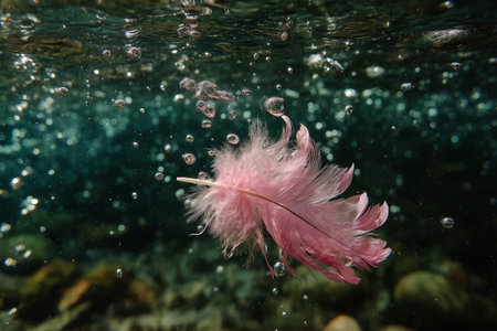 A delicate pink flower drifts gracefully underwater, surrounded by bubbles in a serene blue environment. The play of light creates a peaceful and calming scene.の素材