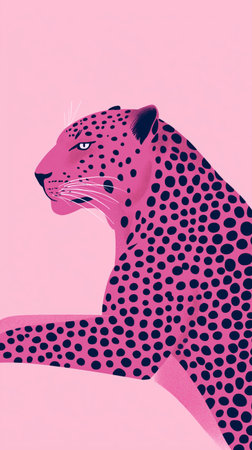 This artwork features a leopard designed with striking black spots on a pink body, sitting gracefully against a soft pink backdrop, showing vibrant and modern art style.の素材