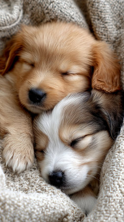 Two young puppies, one brown and one white, are peacefully sleeping together in a soft, fluffy blanket, showing their bond and cuteness in this serene moment.の素材