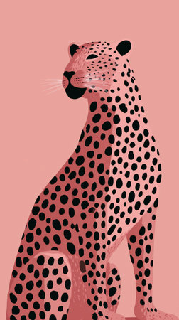 A colorful leopard illustration showcases a unique pink hue with bold black spots. The leopard sits calmly against a soft pastel background, radiating charm and playfulness.の素材