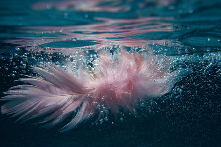 Colorful feathers float gracefully beneath the water surface, surrounded by shimmering bubbles. Sunlight filters through the water, creating a tranquil atmosphere.の素材