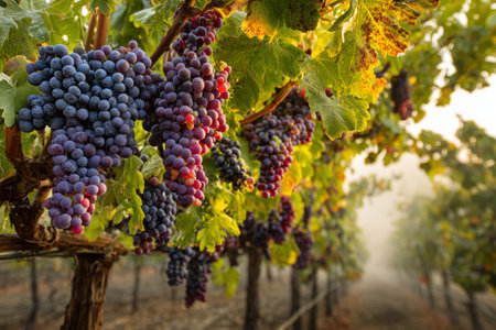 Clusters of ripe grapes are nestled among green leaves in a tranquil vineyard. The soft morning light enhances the rich colors of the grapes and the lush surroundings.の素材