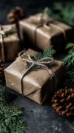 Two beautifully wrapped gifts are placed on a dark surface surrounded by pine cones and evergreen twigs. This scene captures the cozy atmosphere of the winter season.の素材