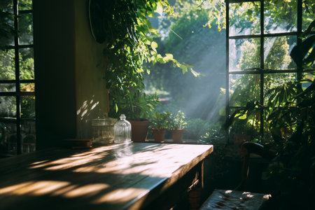 Soft sunlight illuminates a cozy space filled with plants. A wooden table sits in the foreground, creating a warm, inviting atmosphere in the tranquil garden setting.の素材