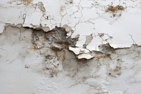 A weathered wall shows multiple cracks and peeling paint, illustrating years of wear and moisture damage. The surface reveals a blend of white and gray tones, indicating age.の素材