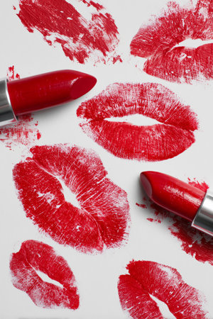 Two vibrant red lipsticks sit among various kiss marks on a white background, showing a fun and playful beauty theme ideal for makeup lovers and product displays.の素材