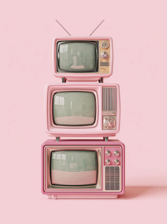 Three vintage pink televisions are stacked on top of each other against a soft pink background. Their retro design adds a touch of nostalgia and whimsy to the setting.の素材